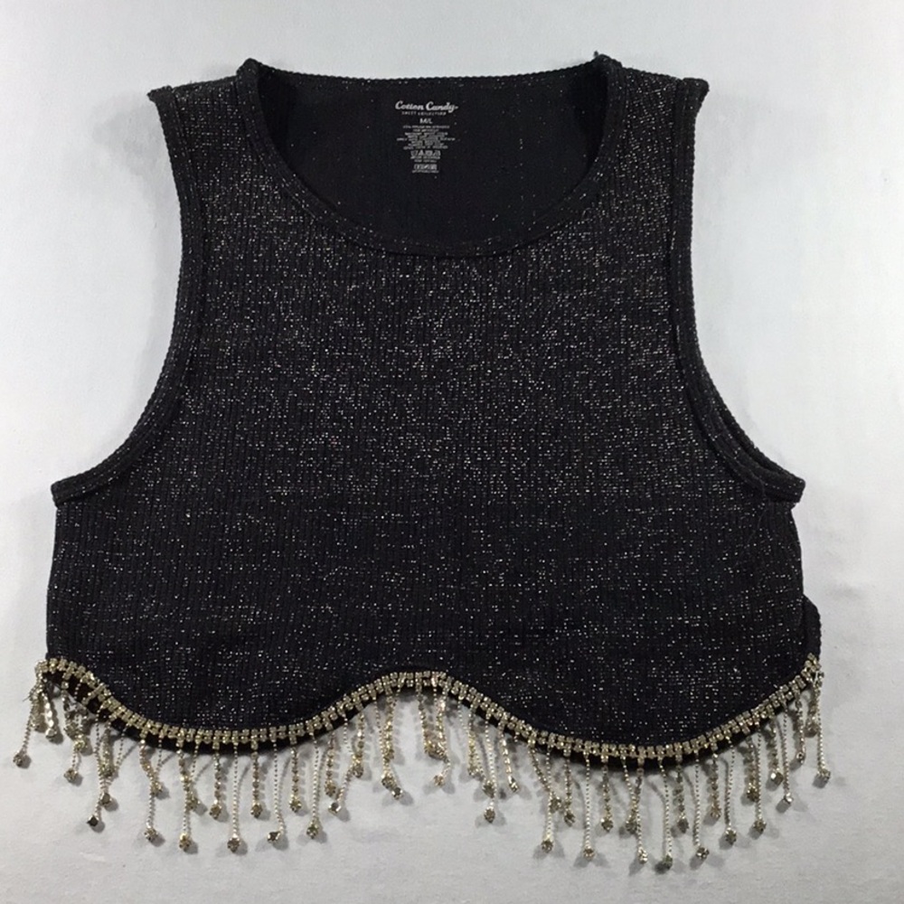 Cotton Candy Black Sparkly Festival Crop Top Rhinestone Fringe Size M/L Stretch